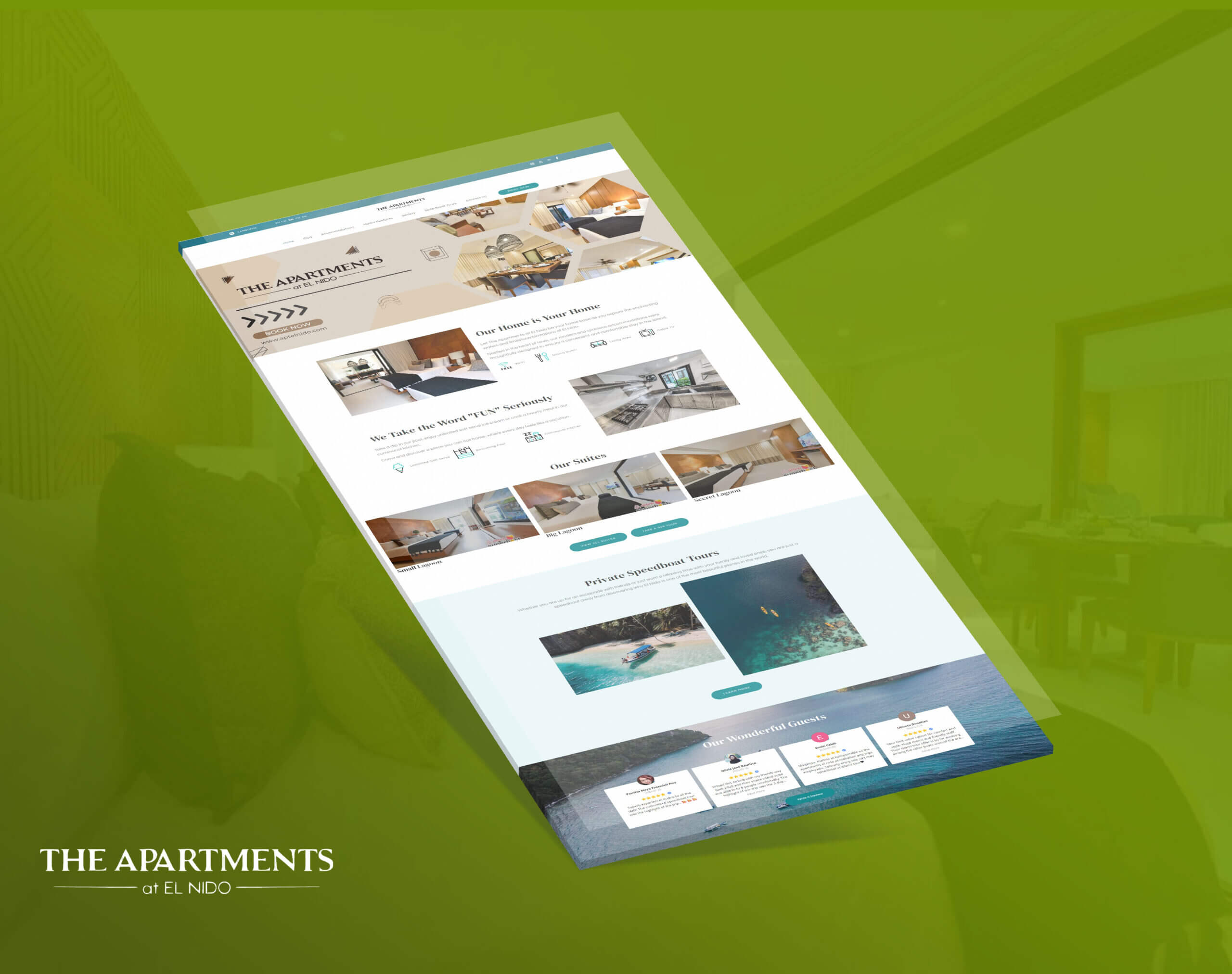 A tilted 3D mockup of a website landing page for "The Apartments at El Nido," featuring images of rooms, pools, and guest reviews.