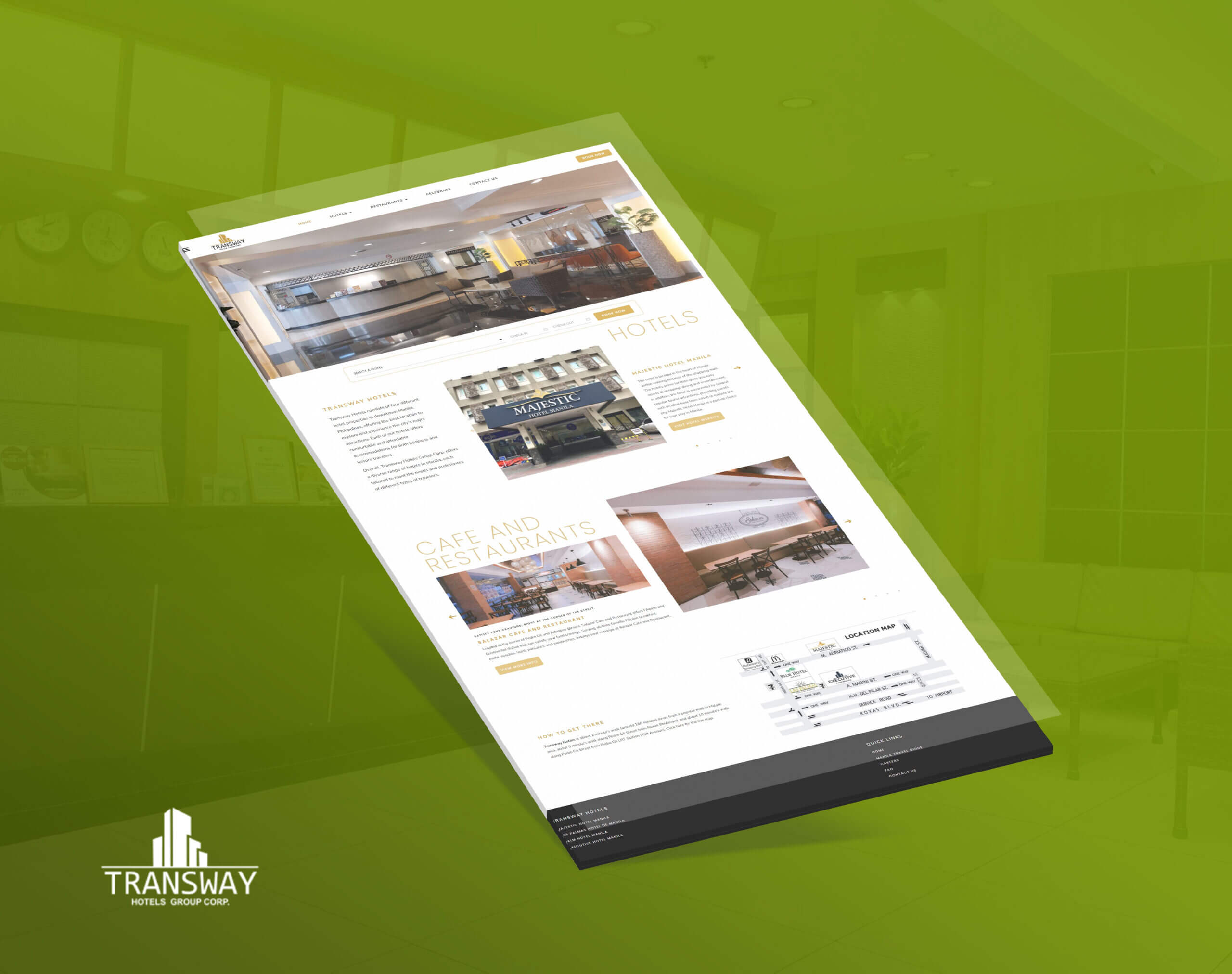 A 3D perspective mockup of the Transway Hotels website homepage, shown against a green background with the Transway Hotels Group logo in the bottom left corner.