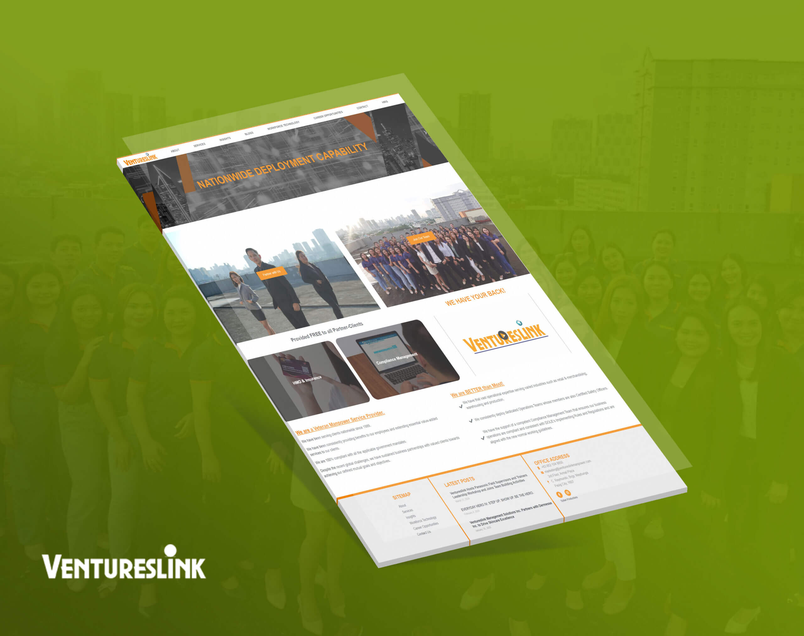 Venturelink website showing nationwide deployment capability, team photos, and company information.
