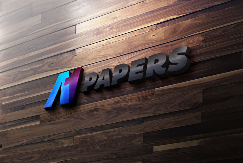 A mockup of a 3D metallic logo for A1 Papers mounted on a dark horizontal wood plank wall.