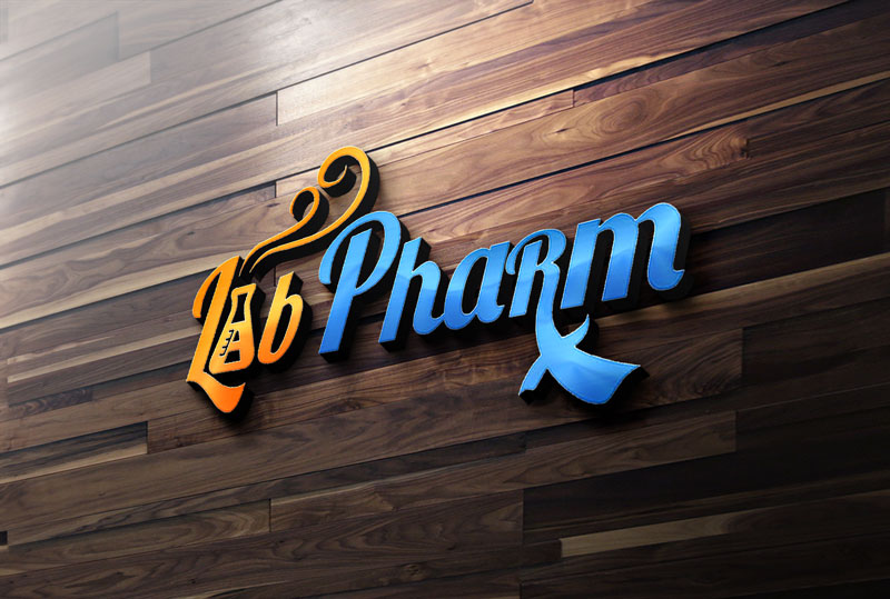 The stylized logo "Lab Pharm" in orange and blue is mounted on a dark wood slat wall, creating a dimensional wall mockup.