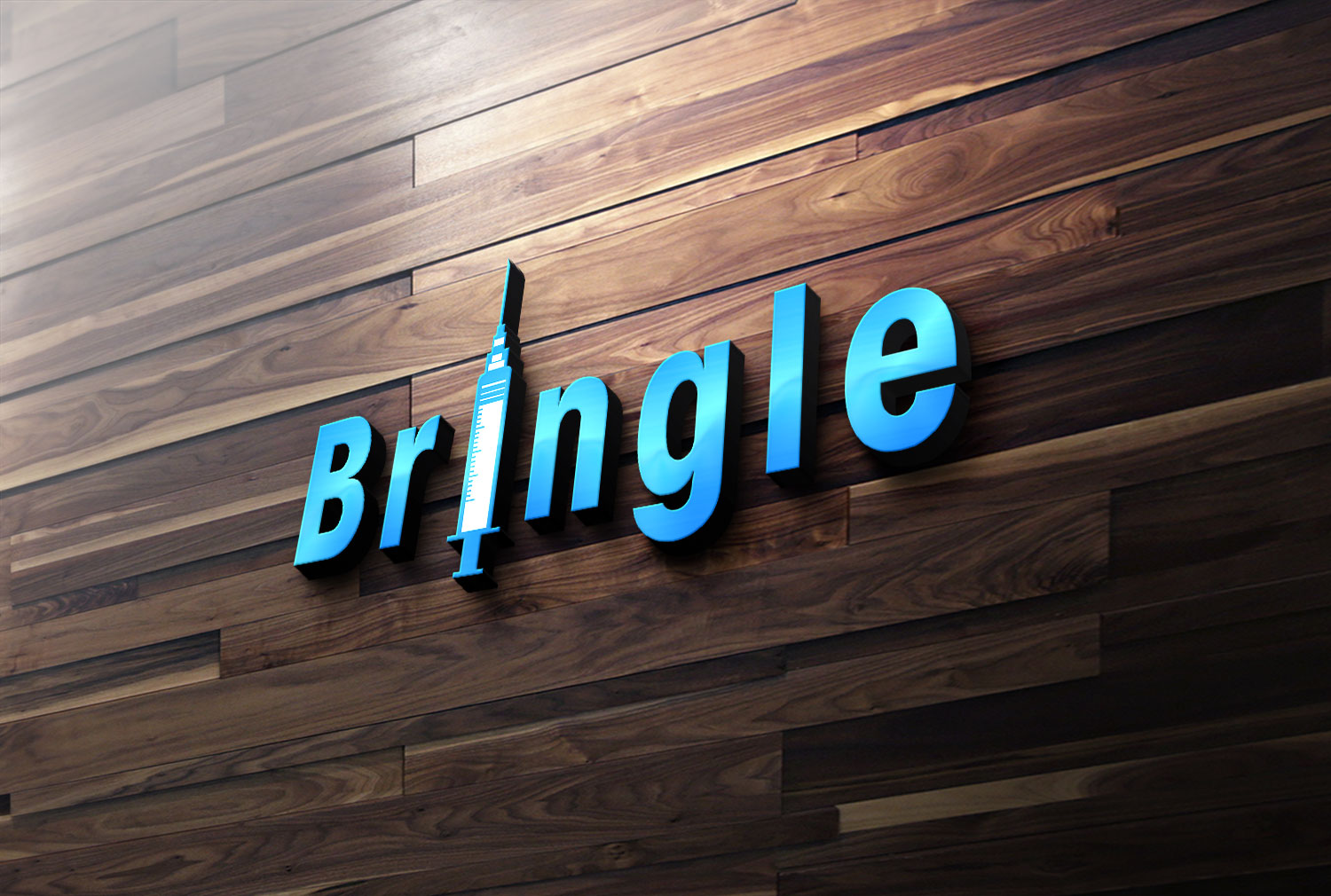 A 3D sign of the word "Bringle" in light blue letters with a syringe in place of the letter "i", mounted on a dark wood slat wall.