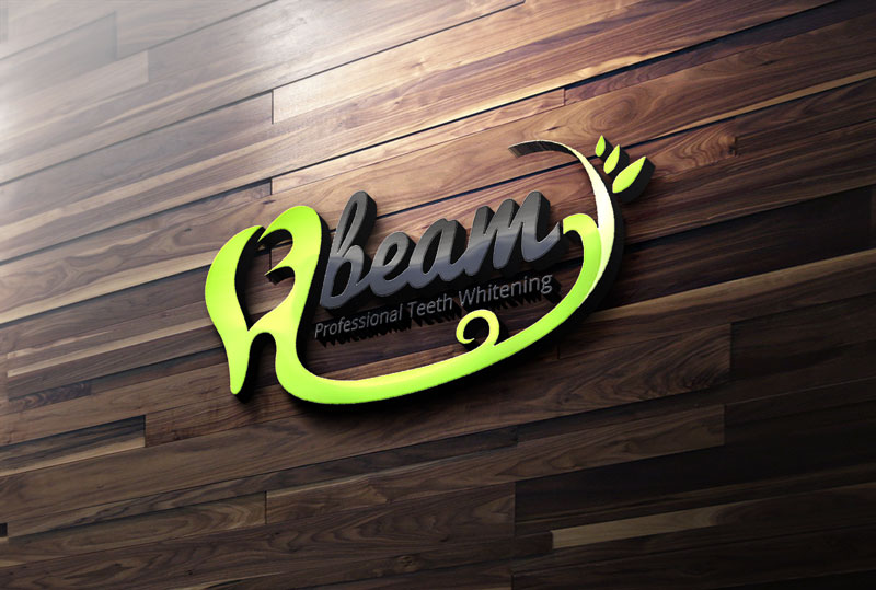 A 3D "beam Professional Teeth Whitening" logo mounted on a dark wood-paneled wall, featuring a bright green curved design framing the text.