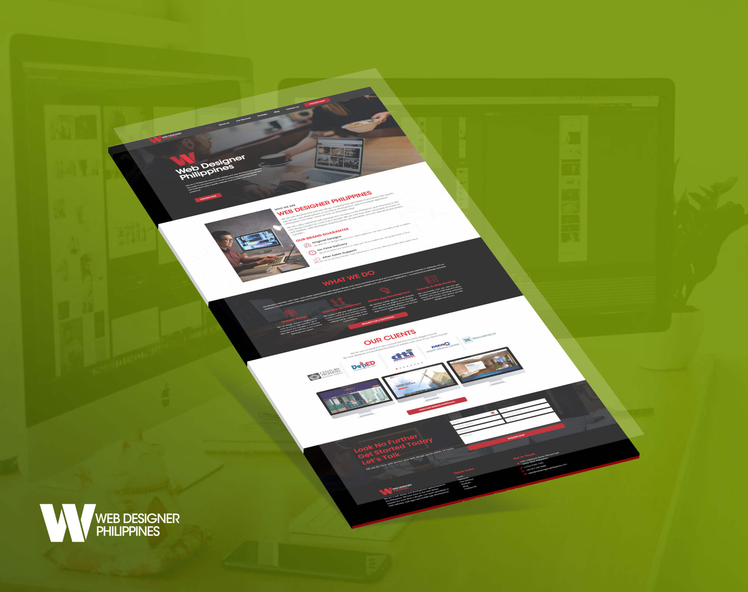 Web Designer Philippines website showcasing services, client logos, and contact form.