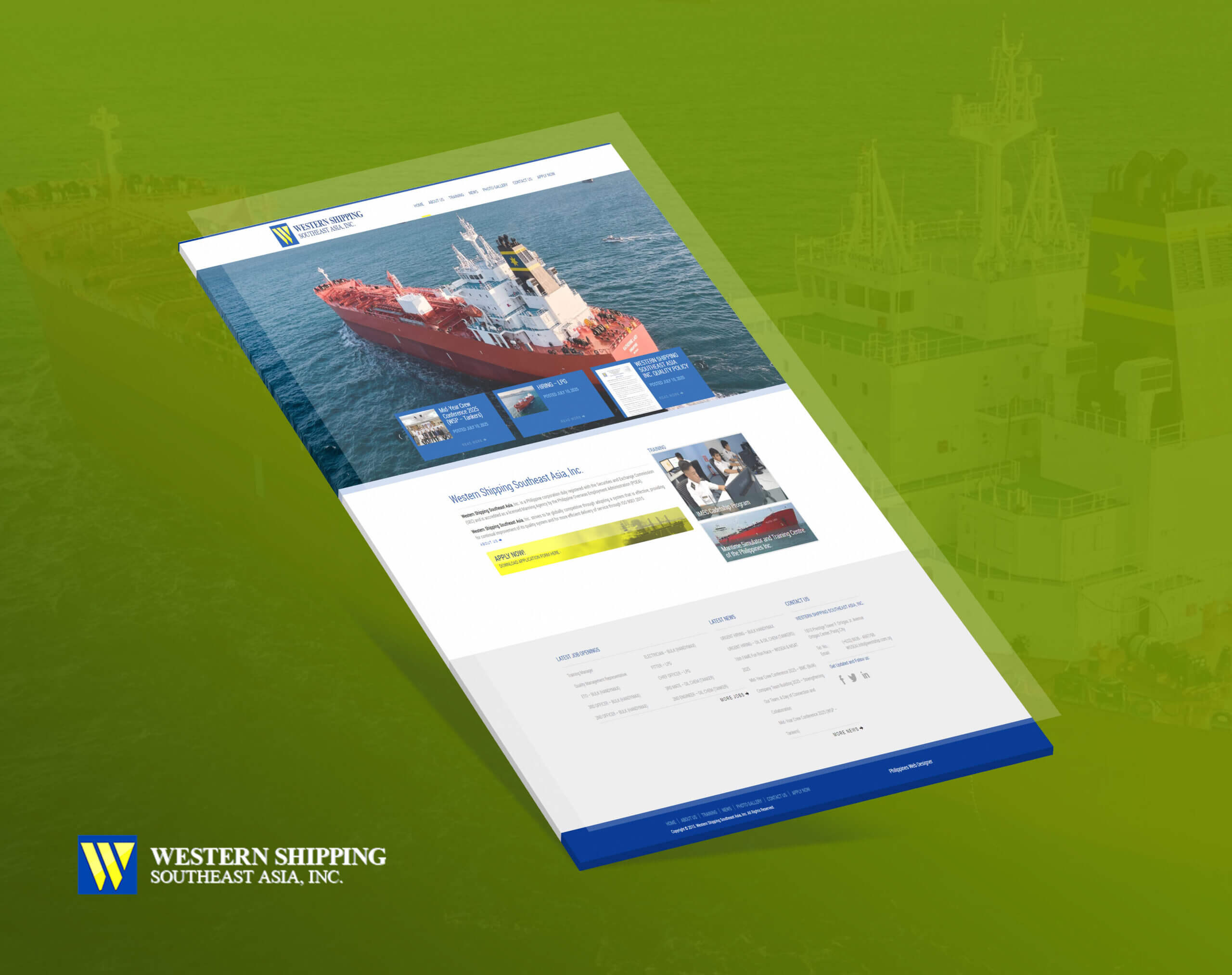 A mockup of the Western Shipping Southeast Asia, Inc. website is displayed against a green background, showcasing the company's logo, a cargo ship on the ocean, and various company updates and training programs.