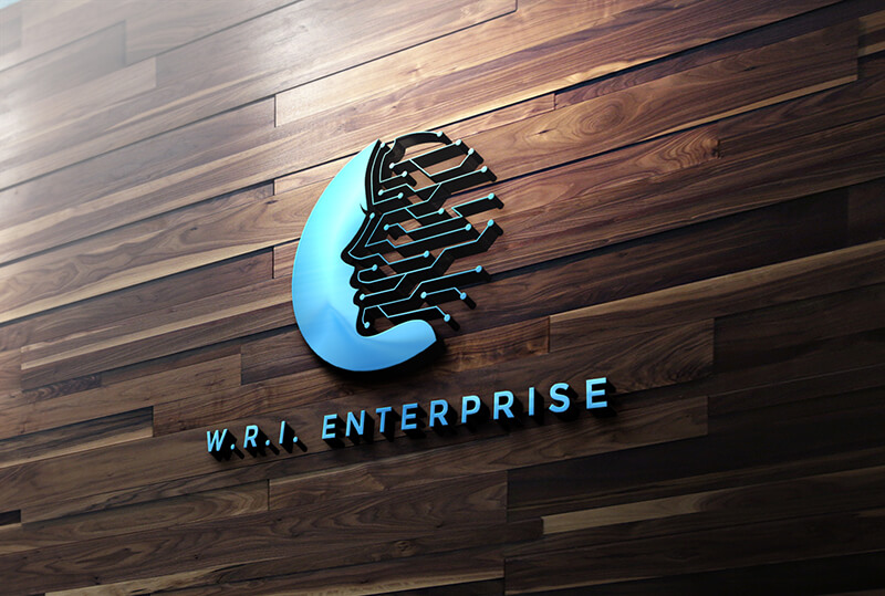 A 3D company logo featuring a blue human head profile filled with circuit-like lines, mounted on a rustic wooden plank wall, with the text W.R.I. ENTERPRISE below it in blue lettering.