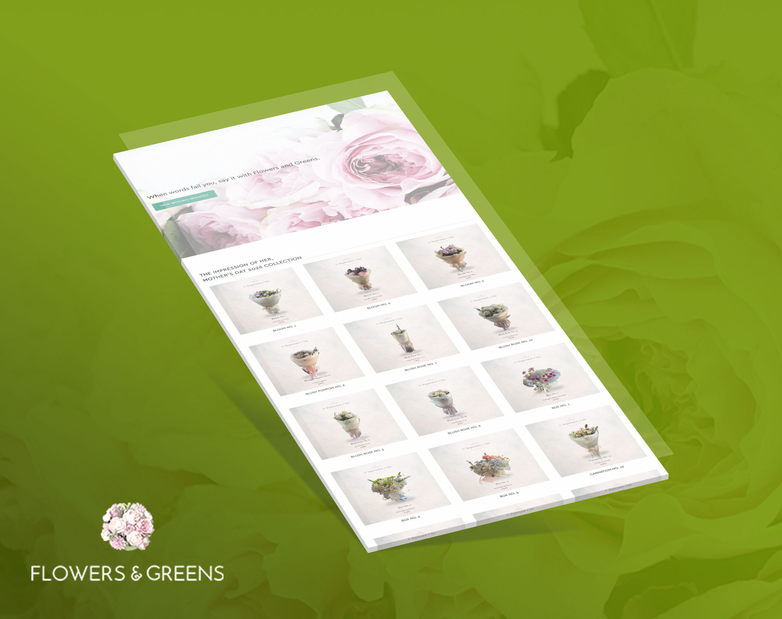 A tall webpage mockup showcasing a flower shop’s collection is displayed diagonally on a green background.