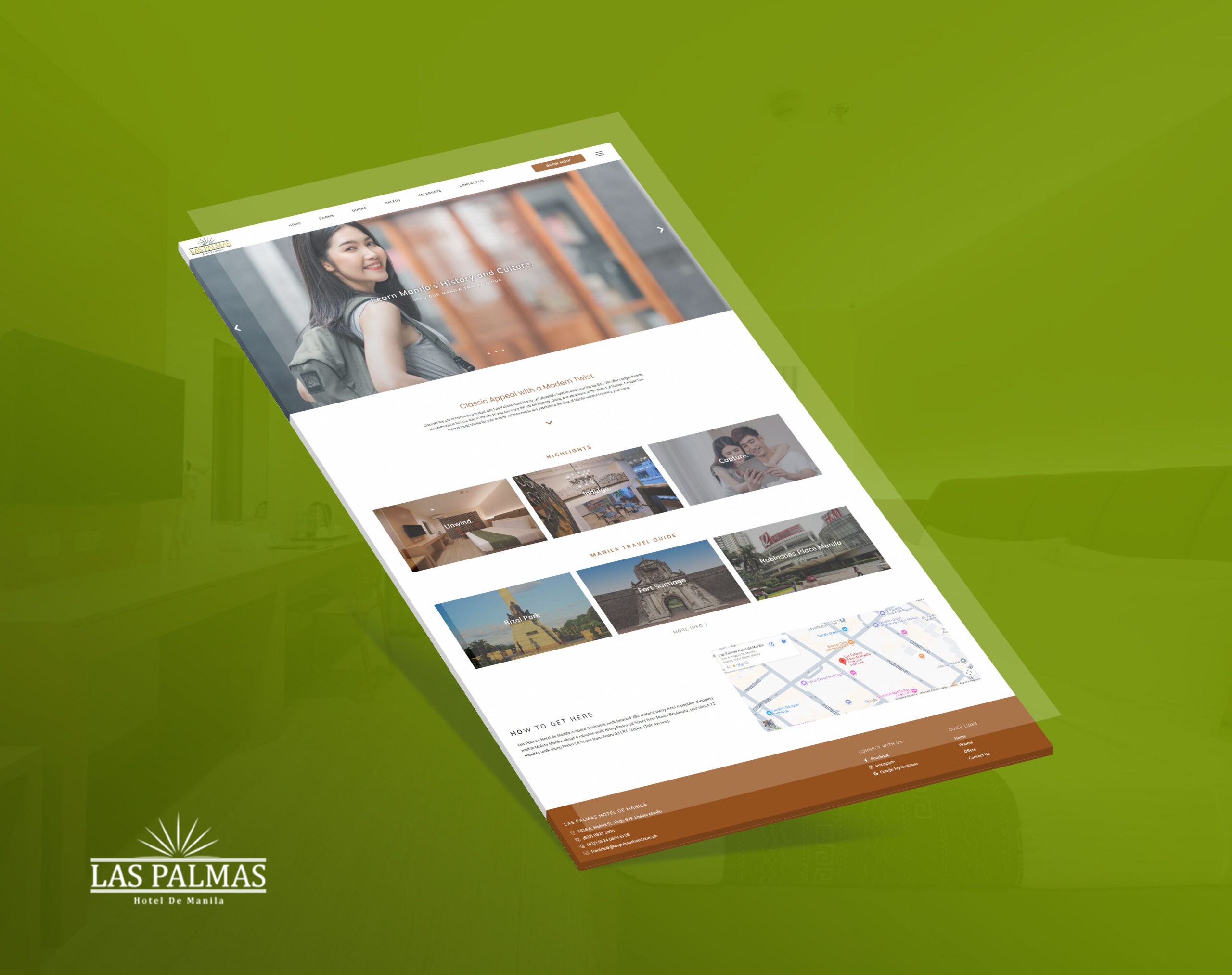 A tilted view of the Las Palmas Hotel website homepage displayed on a green background.
