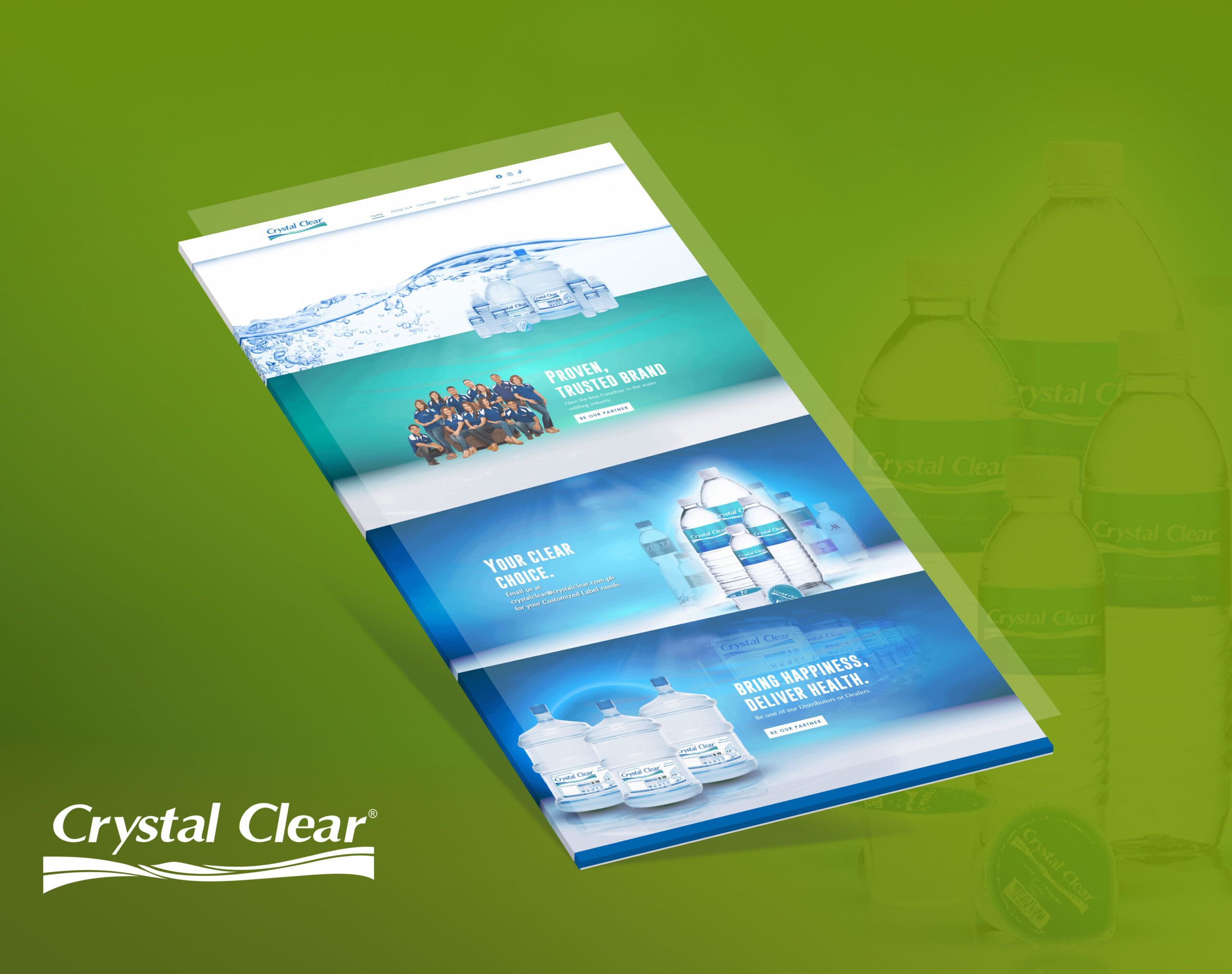 Mockup of the Crystal Clear website shown diagonally against a green background with translucent water bottles.