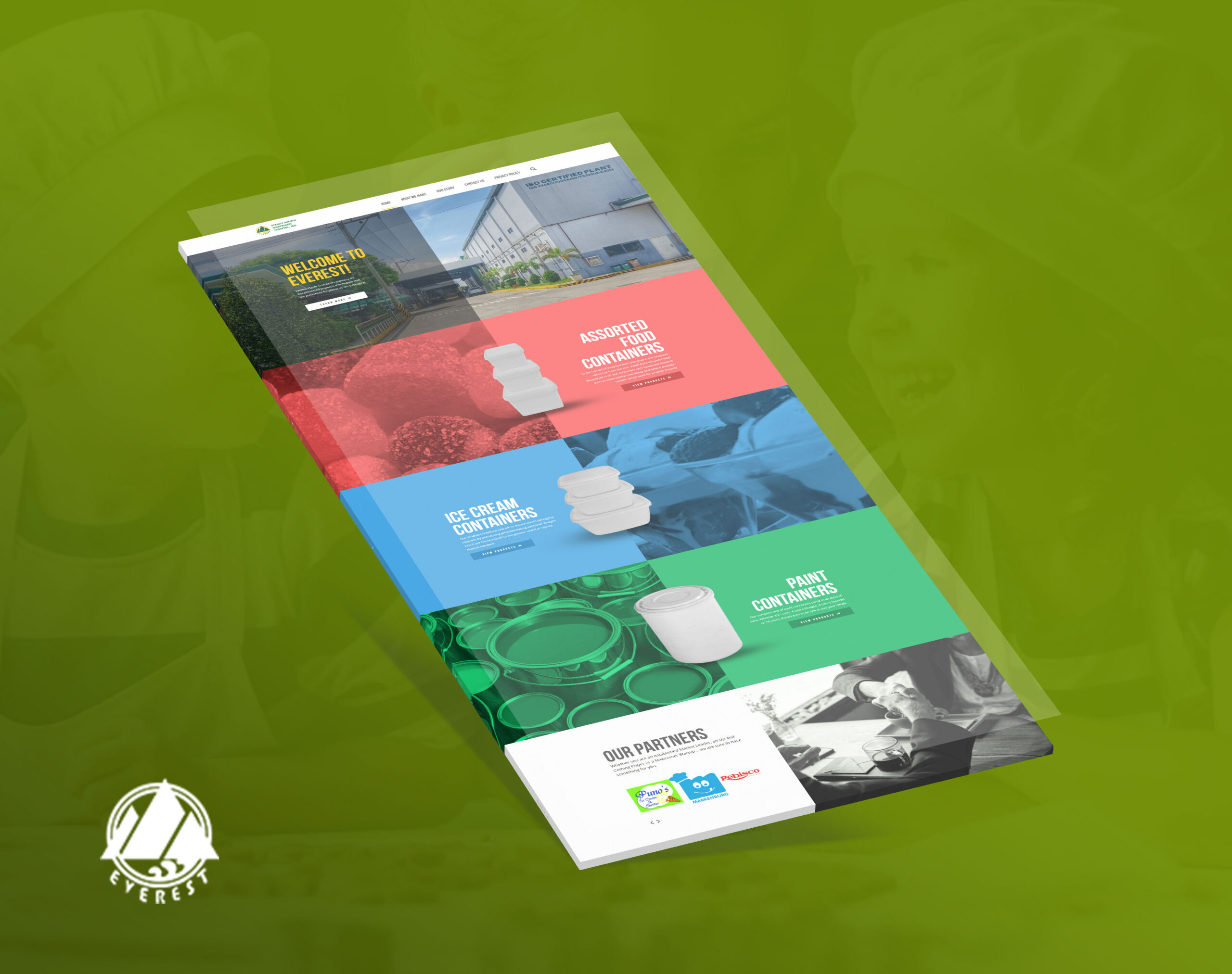 A website mock-up of Everest, featuring colorful sections for assorted food containers, ice cream containers, paint containers, and partner logos.