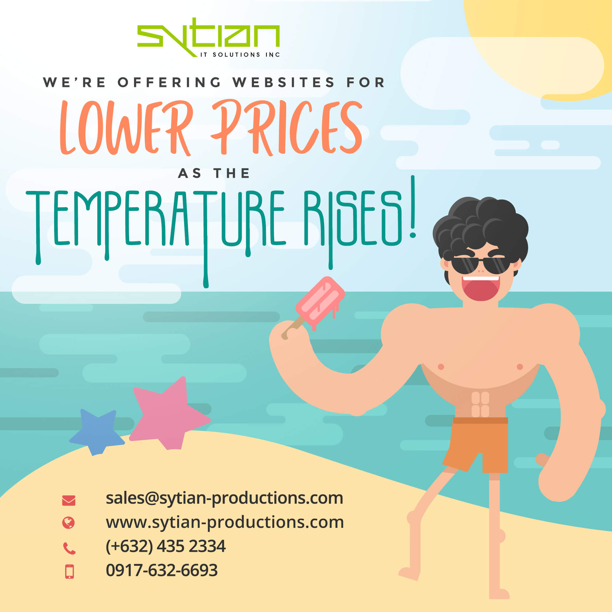 An advertisement for Sytian IT Solutions Inc featuring a cartoon man on the beach holding a popsicle, with text promoting website services as the temperature rises.