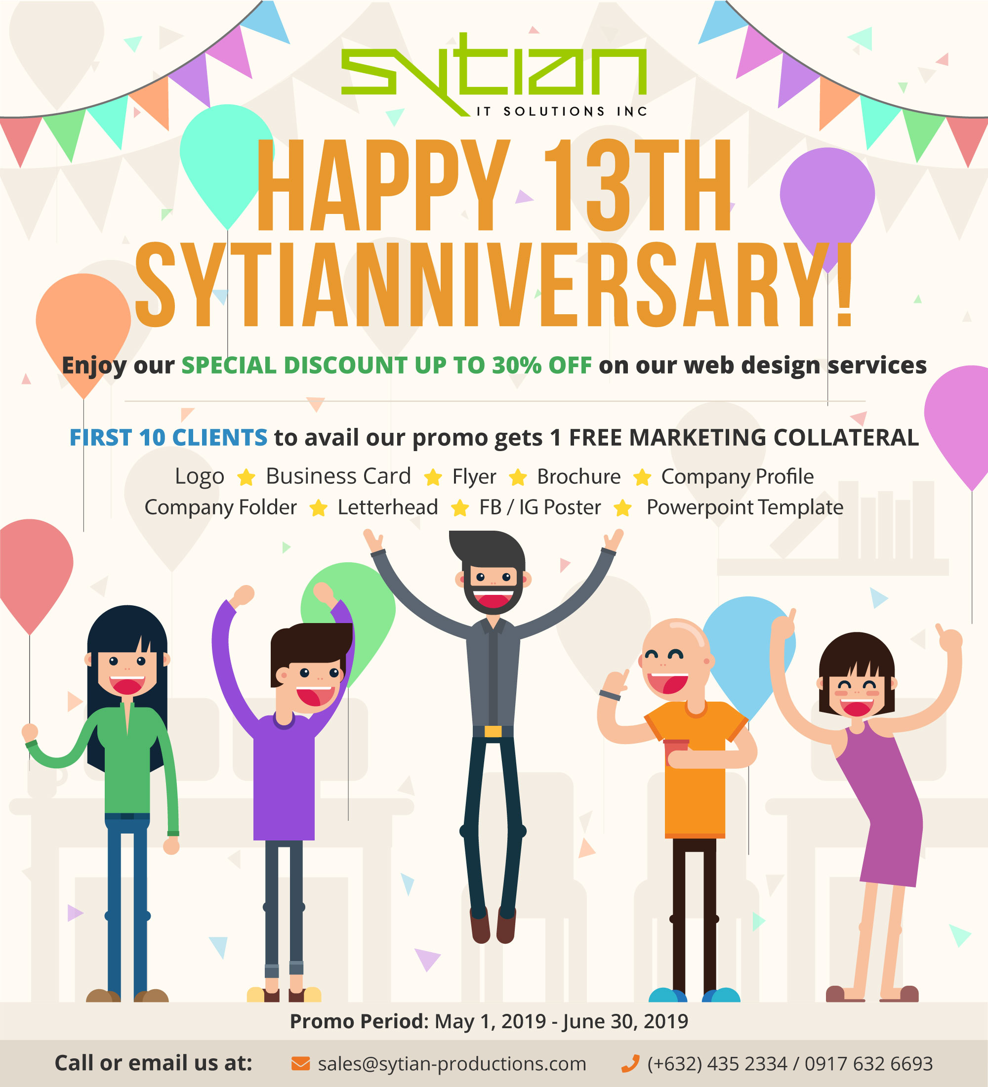 Happy 13th Sytianiversary promotional graphic with a 30% discount on web design services and free marketing collateral for the first 10 clients.