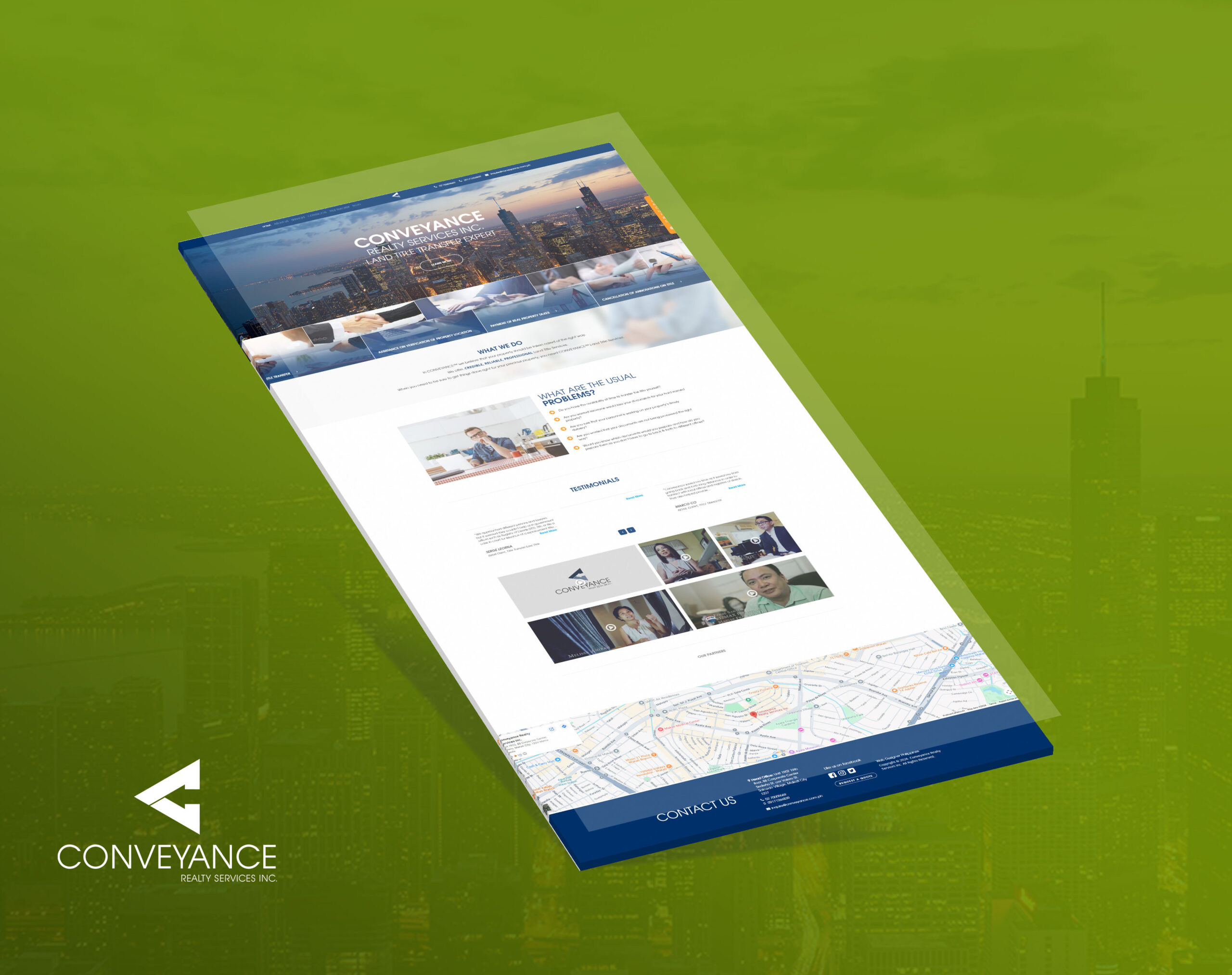 A 3D perspective mockup of the Conveyance Realty Services Inc. website set against a green cityscape background.