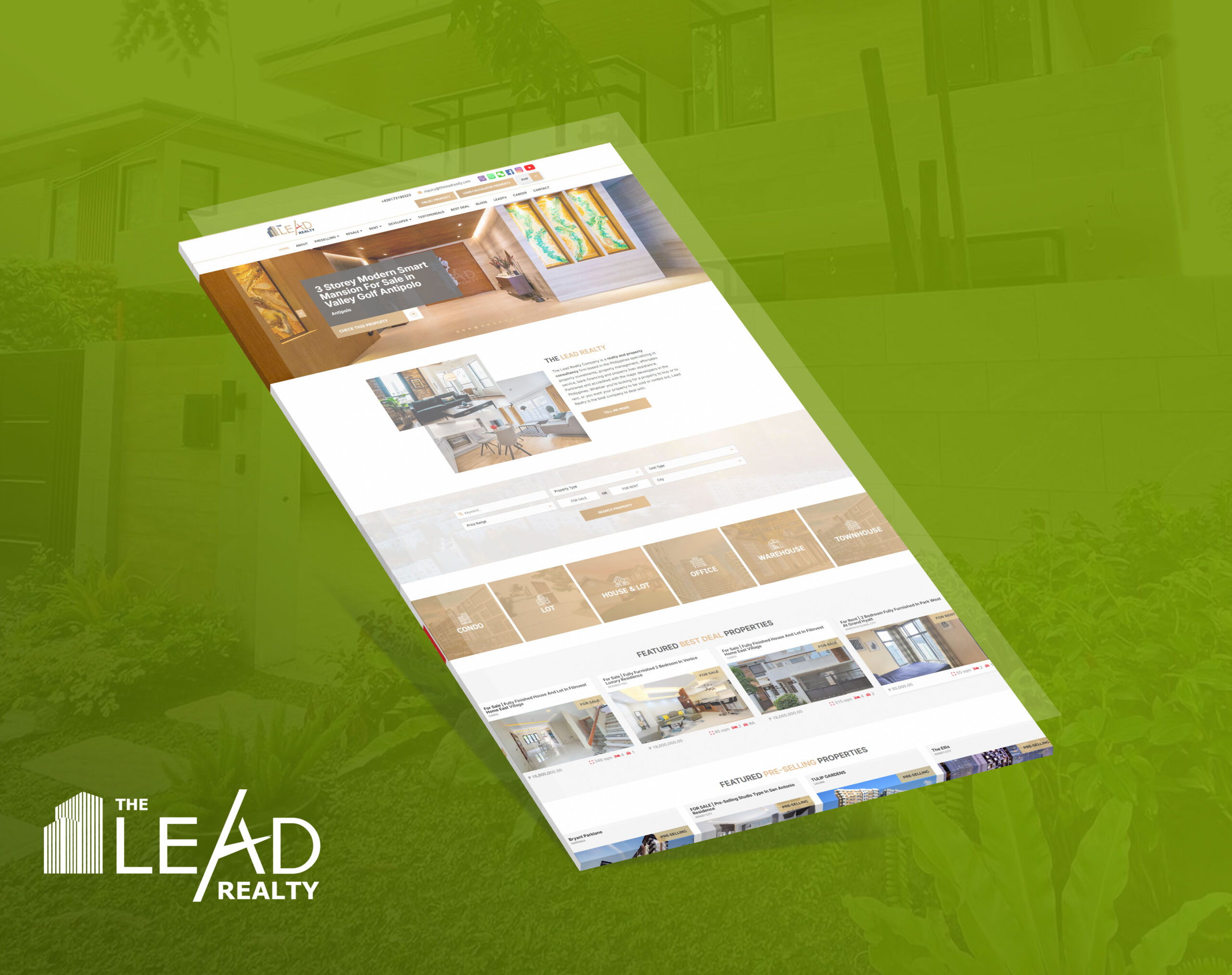 A high-angle shot displays a laptop screen showing The Lead Realty website against a green-tinted background.