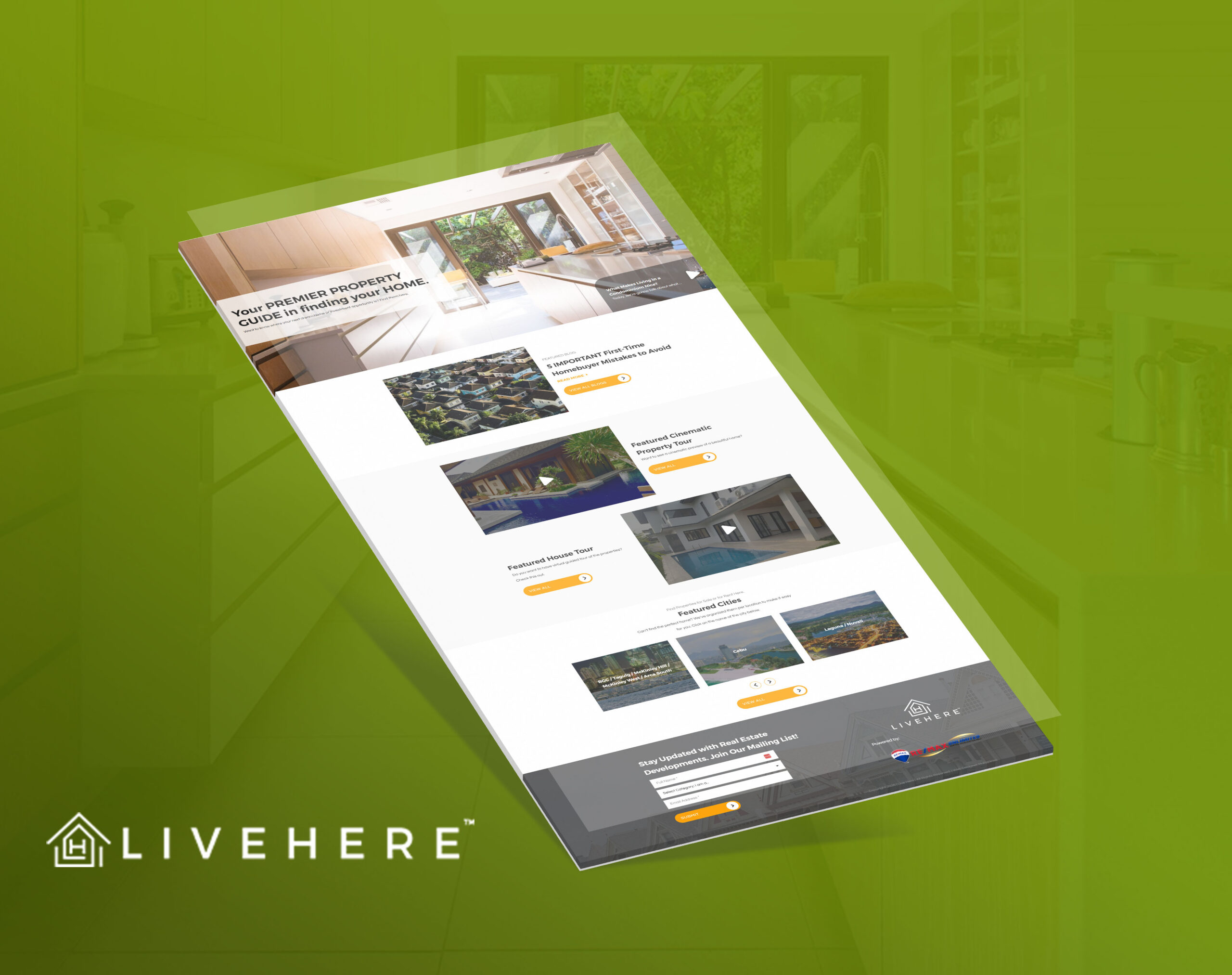 A mockup of the Live Here website homepage displayed at an angle over a blurred green background.