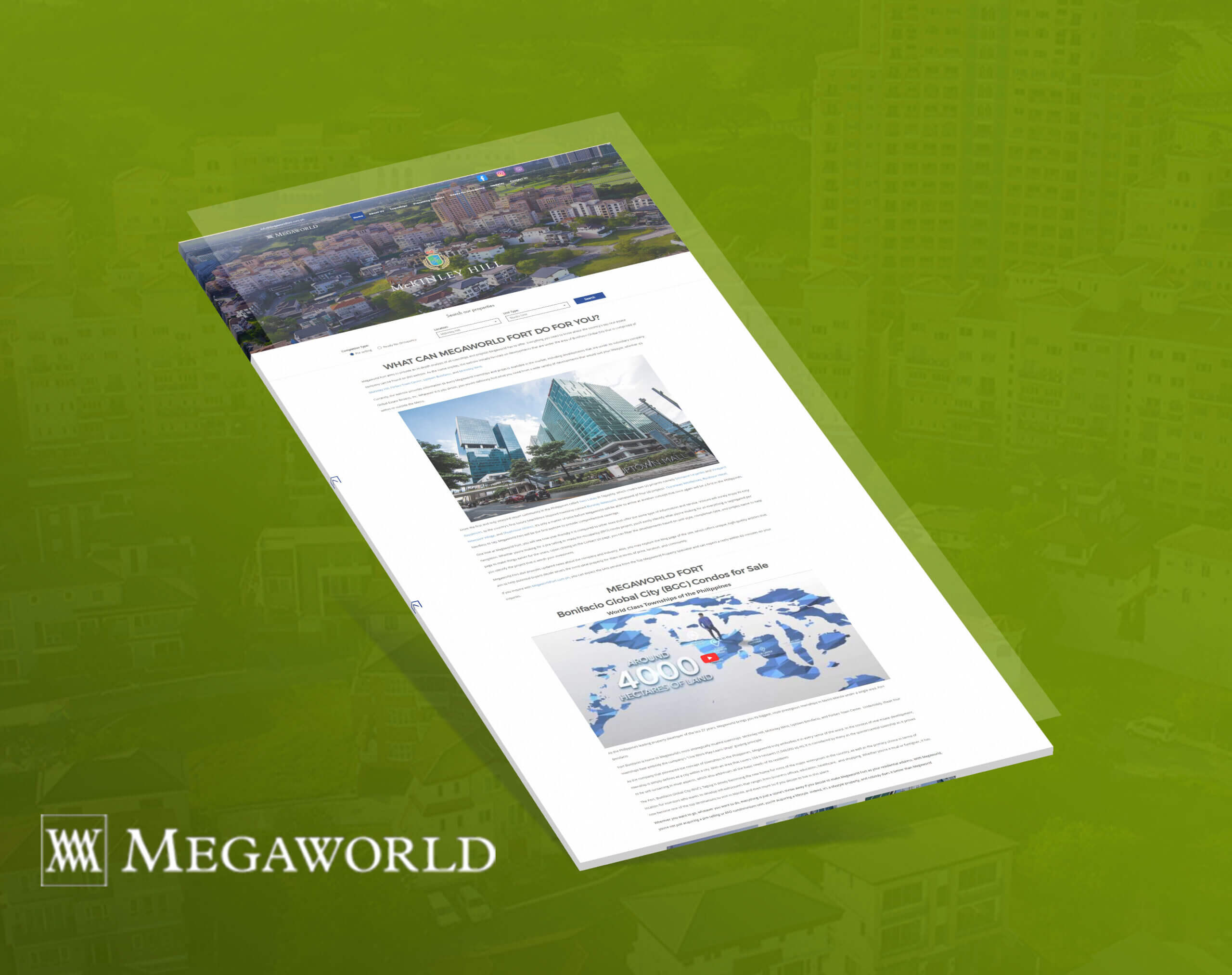 A tilted mockup of a webpage displaying real estate listings for Megaworld Fort, set against a green architectural background with the Megaworld logo at the bottom.