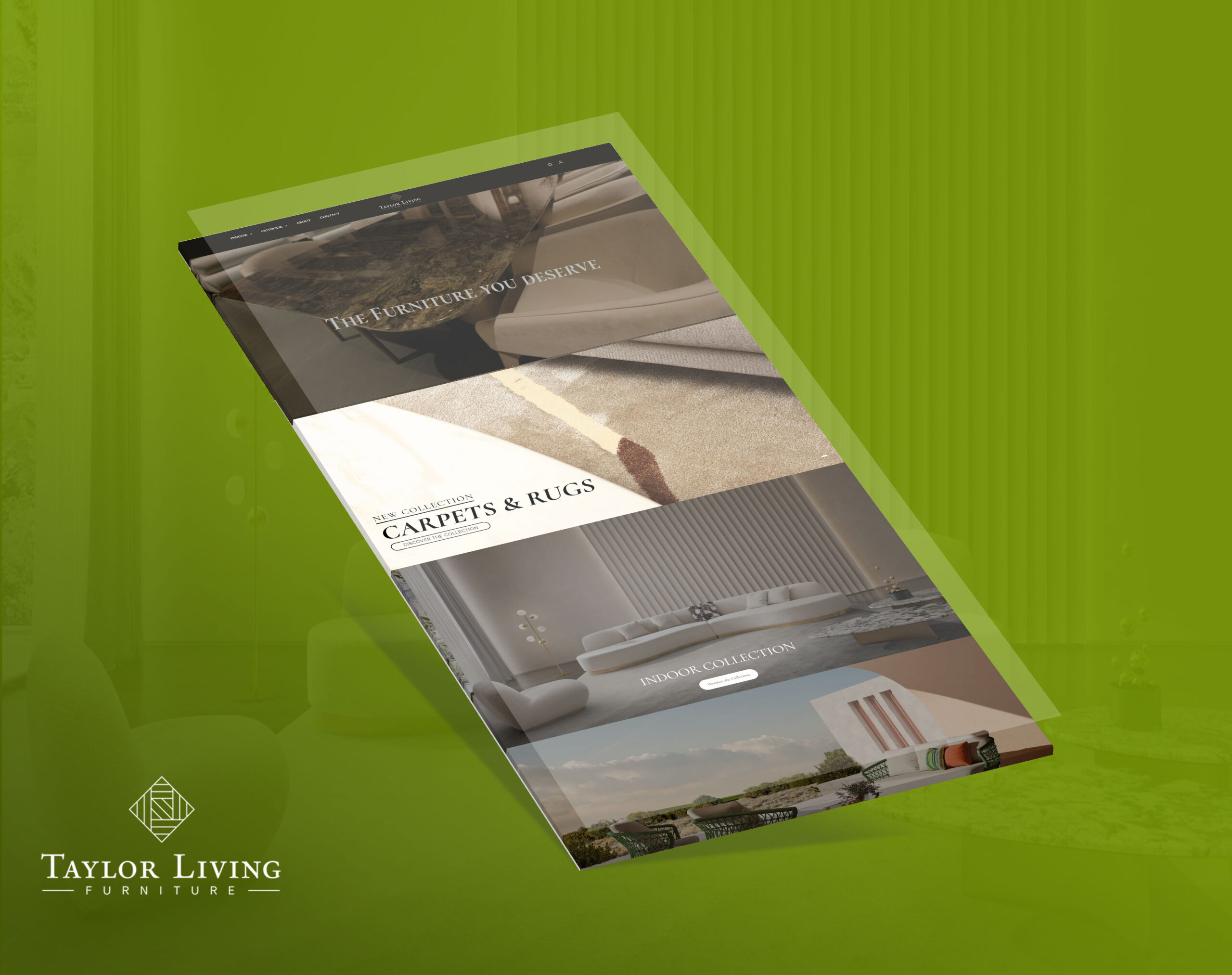 A tilted mockup of the Taylor Living furniture website against a lime green background, showcasing featured furniture, carpets, and indoor collections.