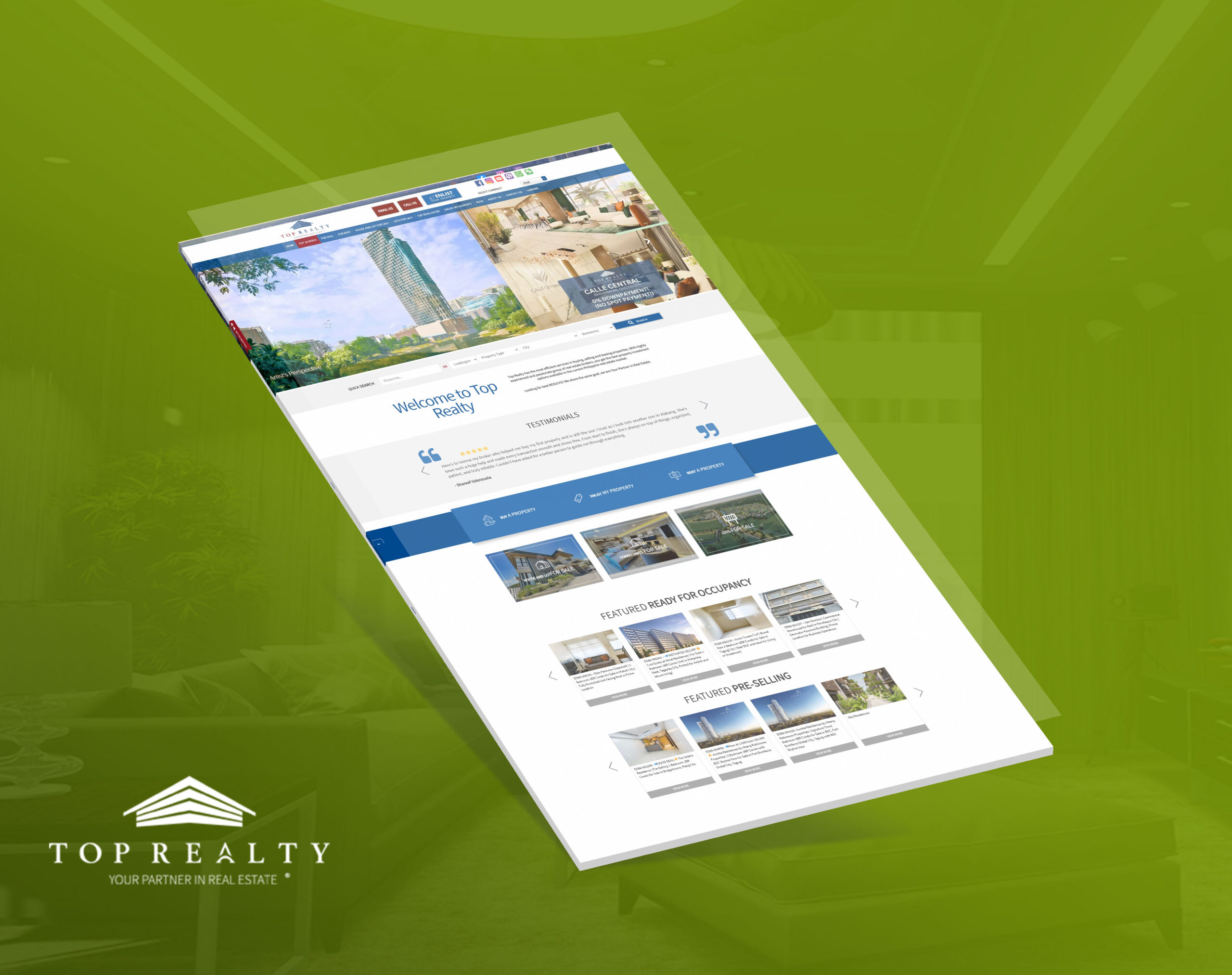 A screenshot of Top Realty's website angled against a lime green background.