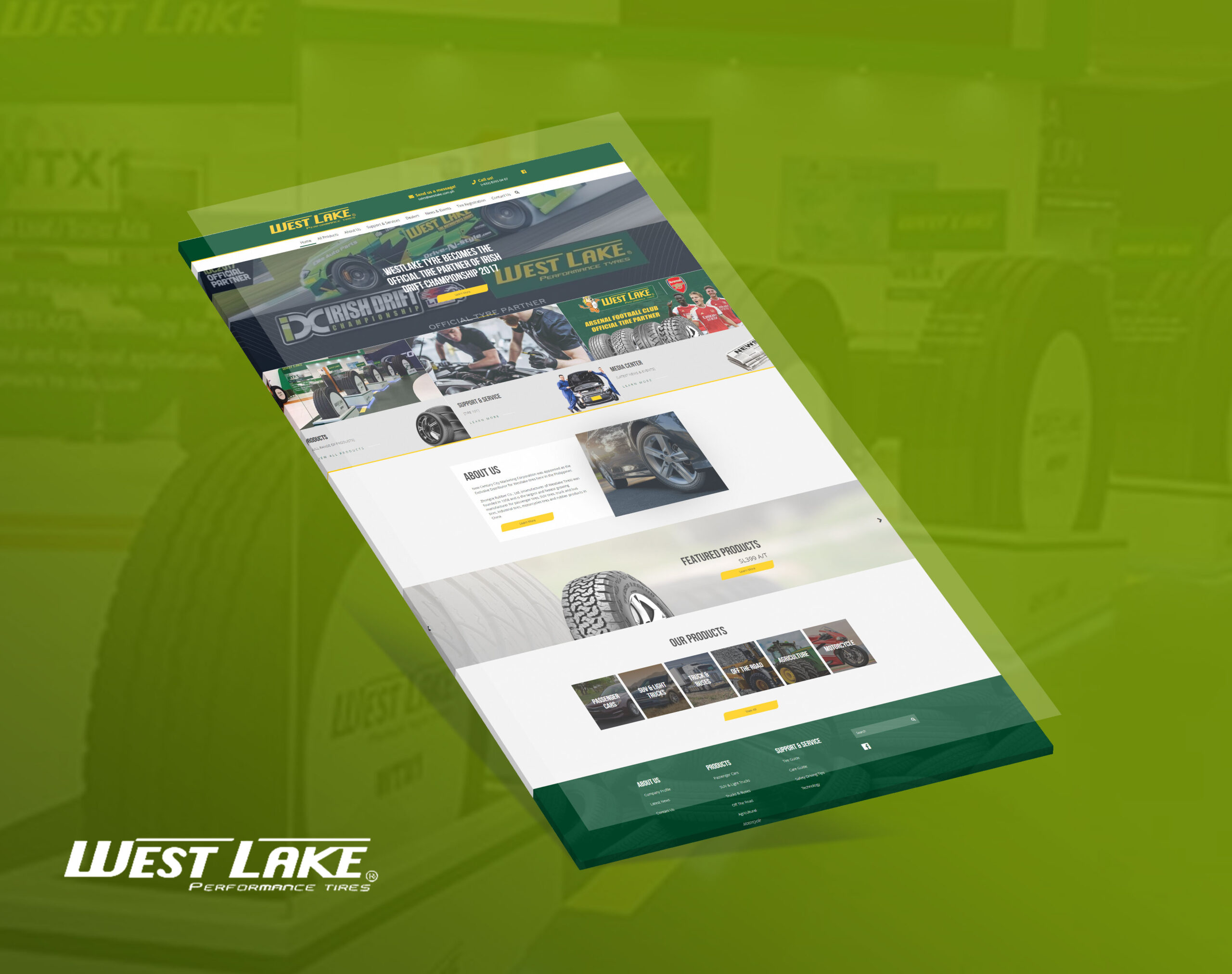 A tilted, three-dimensional mockup of the West Lake Performance Tyres website homepage against a green background, showing various tire products, company information, and partnerships like the Irish Drift Championship.