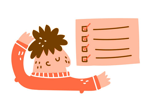Illustration of a person with brown spiky hair wearing an orange sweater, looking at a large pink checklist with four checked boxes.