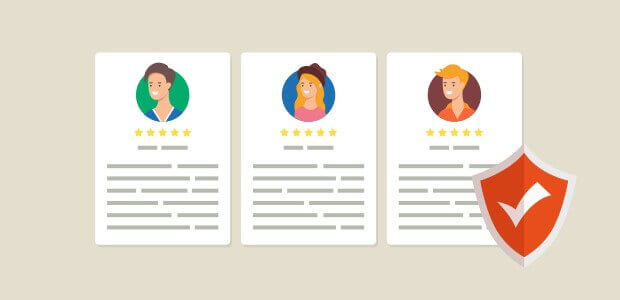 Three testimonials or review cards with five-star ratings, accompanied by an orange shield with a checkmark symbol in the bottom right.