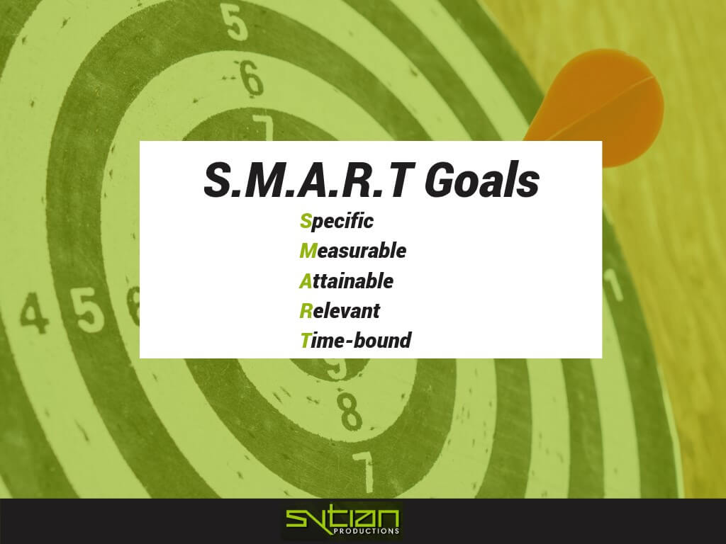 A graphic with the text S.M.A.R.T. Goals overlaid on a green archery target, spelling out Specific, Measurable, Attainable, Relevant, and Time-bound.