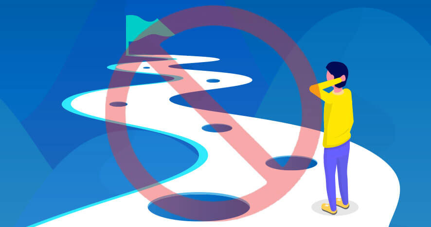 A person in a yellow shirt looks at a winding road with pits leading to a flag, all overlaid with a large red prohibition symbol.