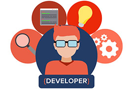 A cartoon illustration of a male web developer with glasses and orange hair, surrounded by red circles containing icons for coding, ideas, search, and settings.