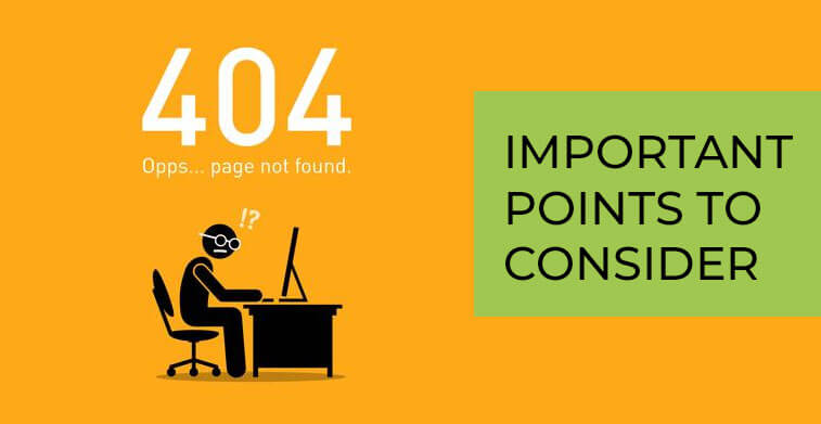 A yellow 404 error banner with a confused stick figure sitting at a computer, with text that reads "404 Opps... page not found." and a green box on the right with the text "IMPORTANT POINTS TO CONSIDER".