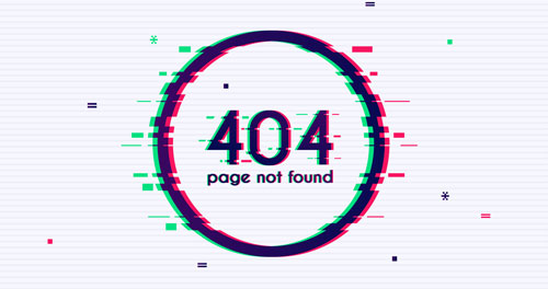 A 404 page not found graphic in a retro glitch art style with overlapping red, blue, and green color distortions on a white, striped background.