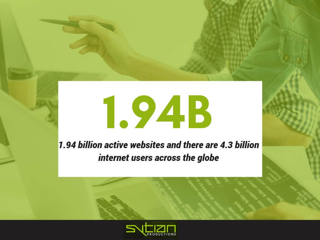Infographic stating 1.94 billion active websites and 4.3 billion internet users globally, with a background of a person working on a laptop.