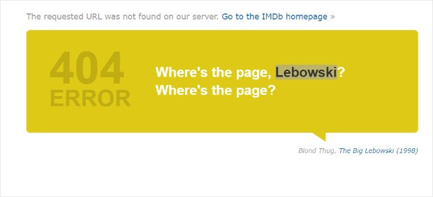 IMDb 404 error page featuring a quote from The Big Lebowski: Where's the page, Lebowski? Where's the page?