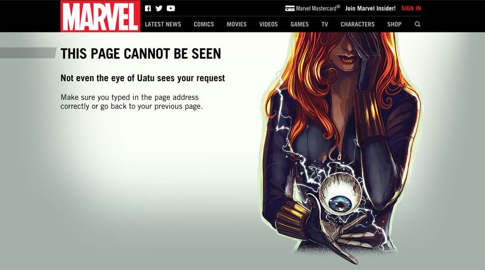 A screenshot of Marvel's 404 error page, featuring the text "This page cannot be seen, not even the eye of Uatu sees your request," alongside an illustration of Black Widow holding a glowing eyeball.