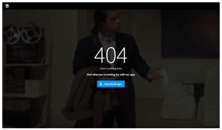 A 404 error page featuring a confused John Travolta meme, text saying there is nothing here, and a blue button to download the app.
