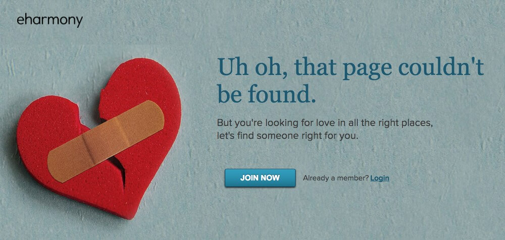 An eHarmony 404 error page showing a broken red heart mended with a bandage, with text reading "Uh oh, that page couldn't be found" and a Join Now button.