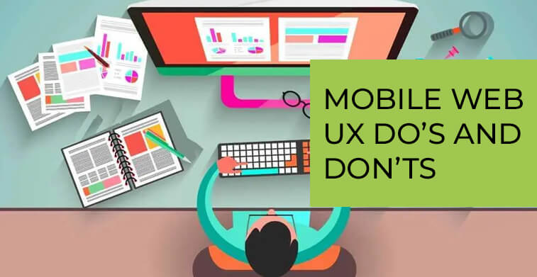 An illustration of a desk with a computer monitor, keyboard, notebook, and papers, with text overlaid that reads "MOBILE WEB UX DO'S AND DON'TS".