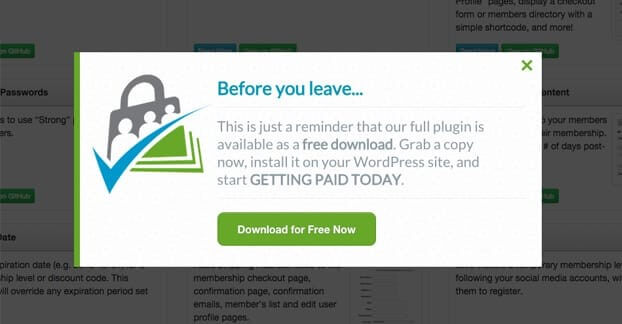 Exit-intent popup displaying a message offering a free download of the plugin with a green Download for Free Now button.