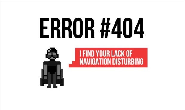 A 404 error page featuring a pixelated Darth Vader character next to red text that reads, "I find your lack of navigation disturbing."