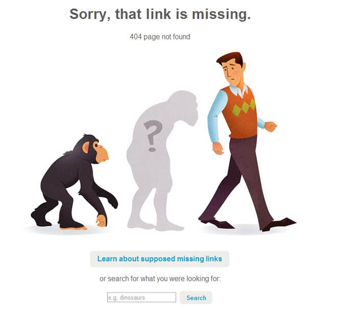 A 404 page not found illustration showing human evolution where the missing link is represented by a silhouette with a question mark.