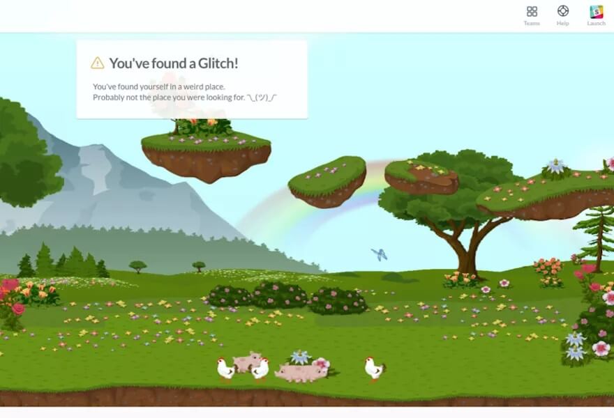 A 404 error page featuring a fantasy landscape with floating islands, a rainbow, flowers, pigs, and a dialog box reading You've found a Glitch!