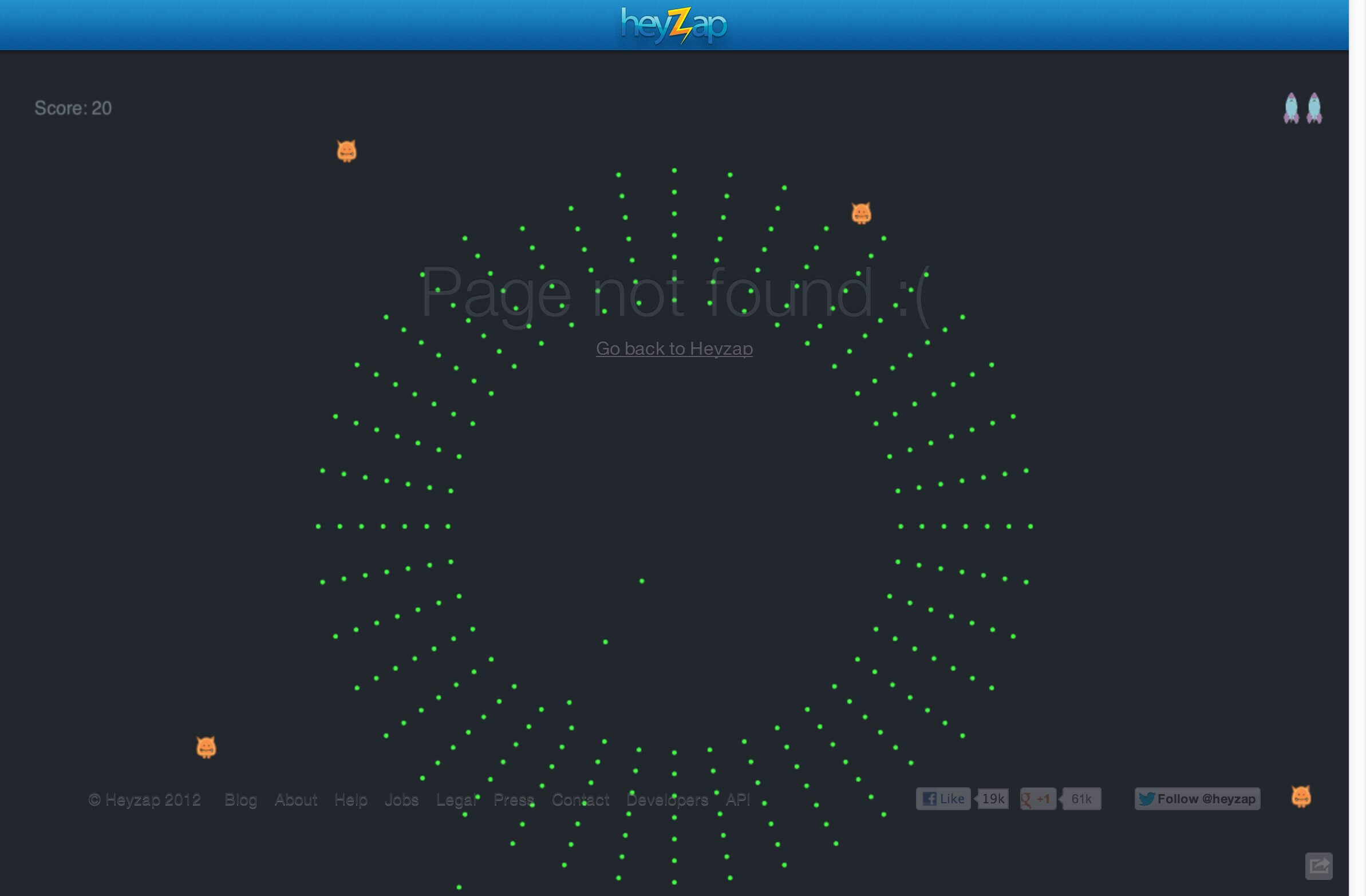 A screenshot of an interactive 404 page featuring a dark background, the text "Page not found," a score of 20, and a Pac-Man-style game with green dots and orange ghosts.