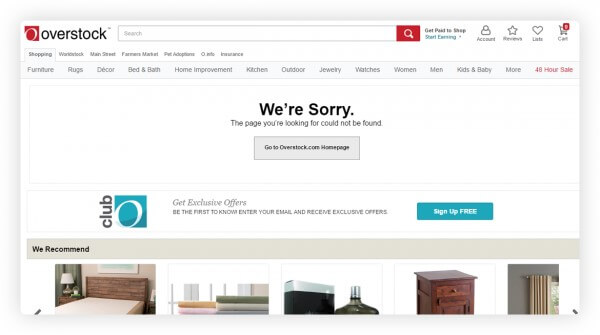 A screenshot of an Overstock.com webpage displaying a 'We're Sorry. The page you're looking for could not be found' error message, alongside a promotional banner and product recommendations.