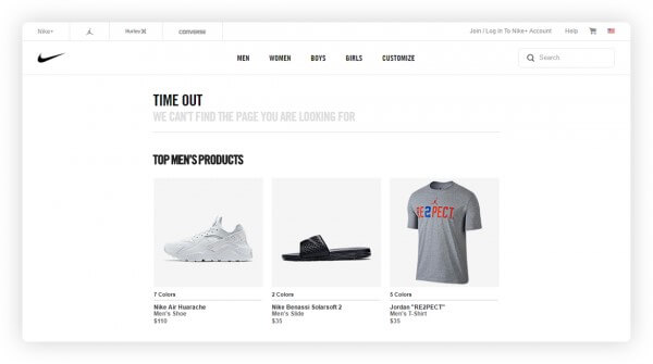 A mockup of a Nike e-commerce 404 page with a "Time Out" message, featuring product recommendations including a white sneaker, a black slide, and a grey t-shirt below.