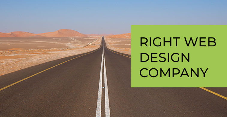 A straight, empty asphalt road stretching through a desert landscape beneath a blue sky, with a green rectangle on the right containing the text Right Web Design Company in black.