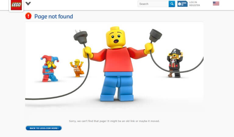 A screenshot of the Lego 404 Page not found error showing a confused Lego minifigure holding the disconnected ends of a wire, flanked by three other minifigures in the background, a jester, a construction worker and a pirate.