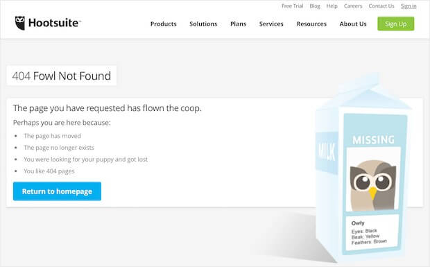 A screenshot of a 404 error page from Hootsuite titled Fowl Not Found with a missing milk carton graphic of the mascot Owly.