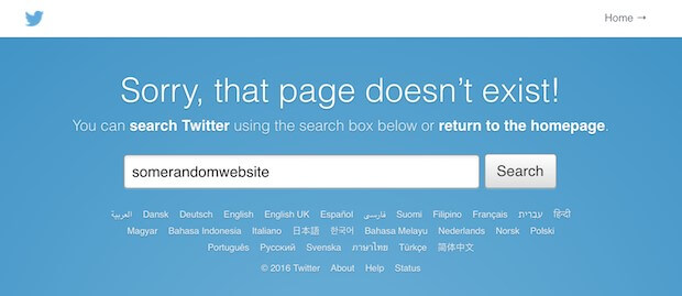 A screenshot of a Twitter 404 error page on a blue background, displaying the text "Sorry, that page doesn't exist!" and a search box containing "somerandomwebsite".