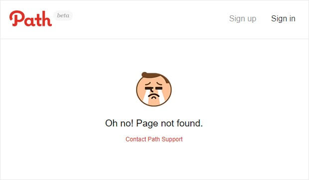 A 404 error page for the Path website, featuring an illustration of a sad, crying face with a link to contact support.
