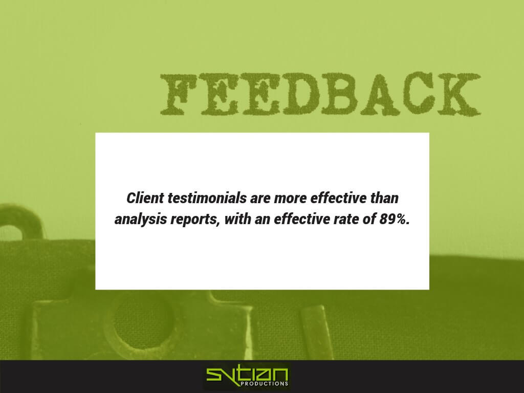 A green-tinted graphic featuring the word FEEDBACK and the quote Client testimonials are more effective than analysis reports, with an effective rate of 89%.