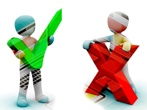 Two 3D figure models, one holding a green checkmark and the other holding a red X.